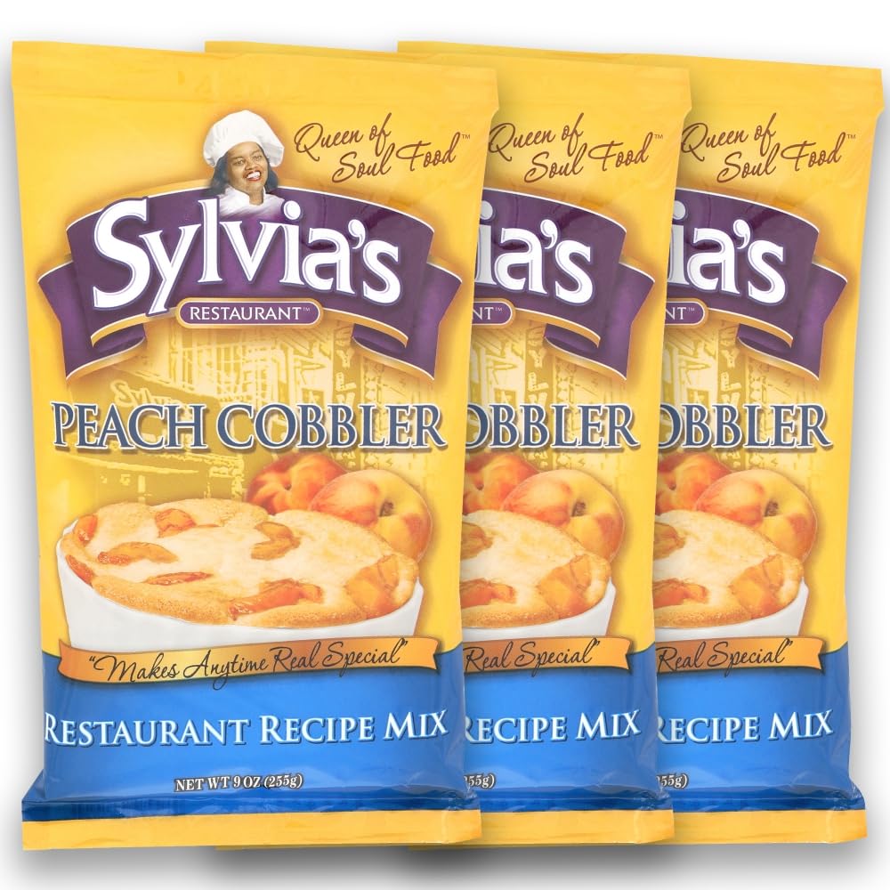 Sylvia's Peach Cobbler mix packaging in a 3-pack, ready for easy dessert.
