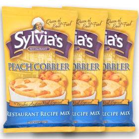 Sylvia's Peach Cobbler mix packaging in a 3-pack, ready for easy dessert.