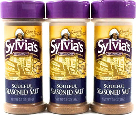 Sylvia's Soulful Seasoned Salt bottle close-up showing balanced flavor for versatile meals.