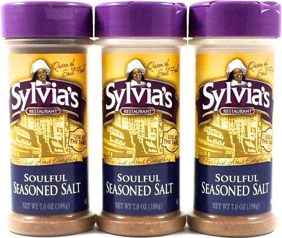 Sylvia's Soulful Seasoned Salt bottle close-up showing balanced flavor for versatile meals.