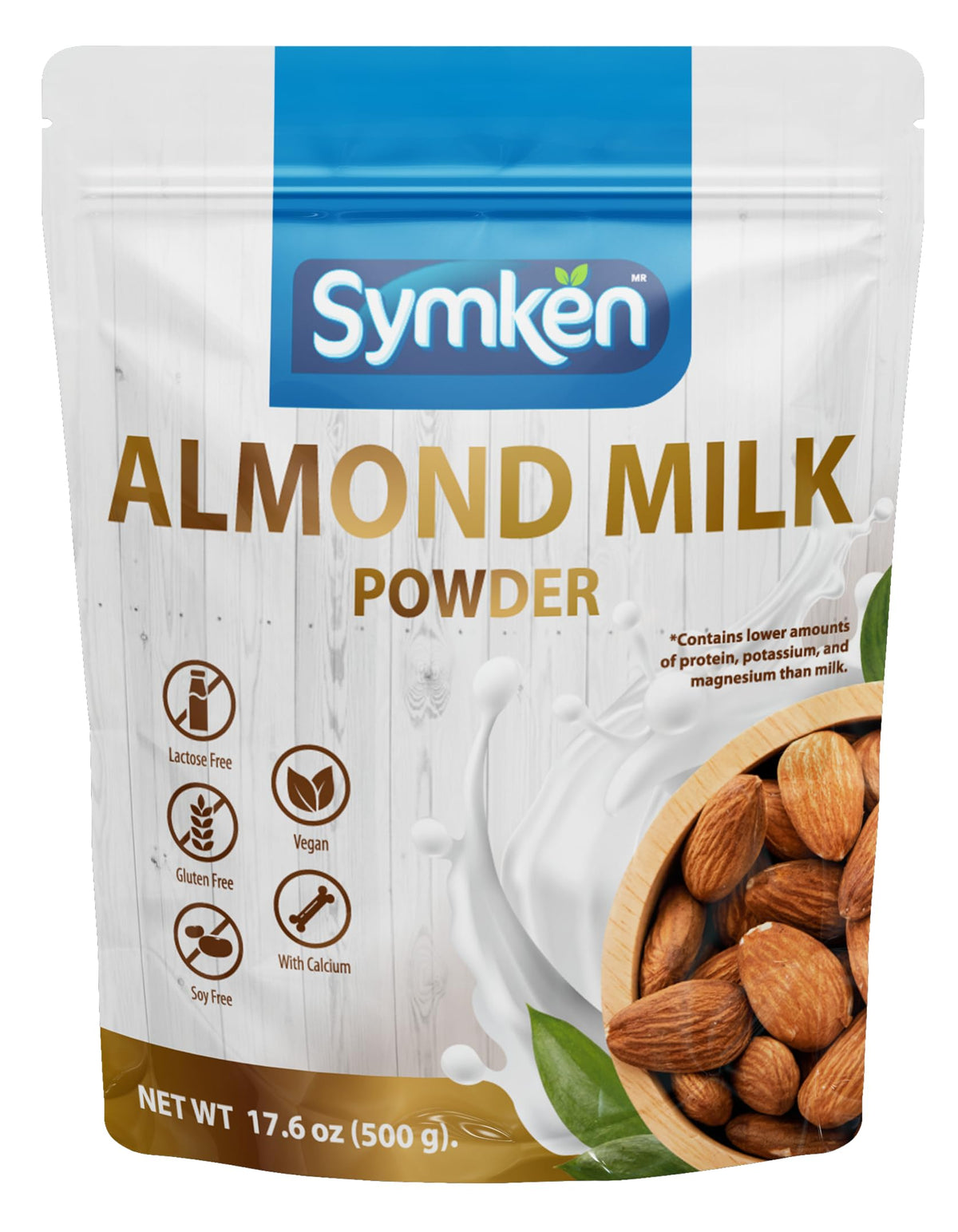 SYMKEN Almond Milk Powder jar closeup with 100% pure almonds