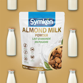 SYMKEN Almond Milk Powder shelf life label shows 14 months storage