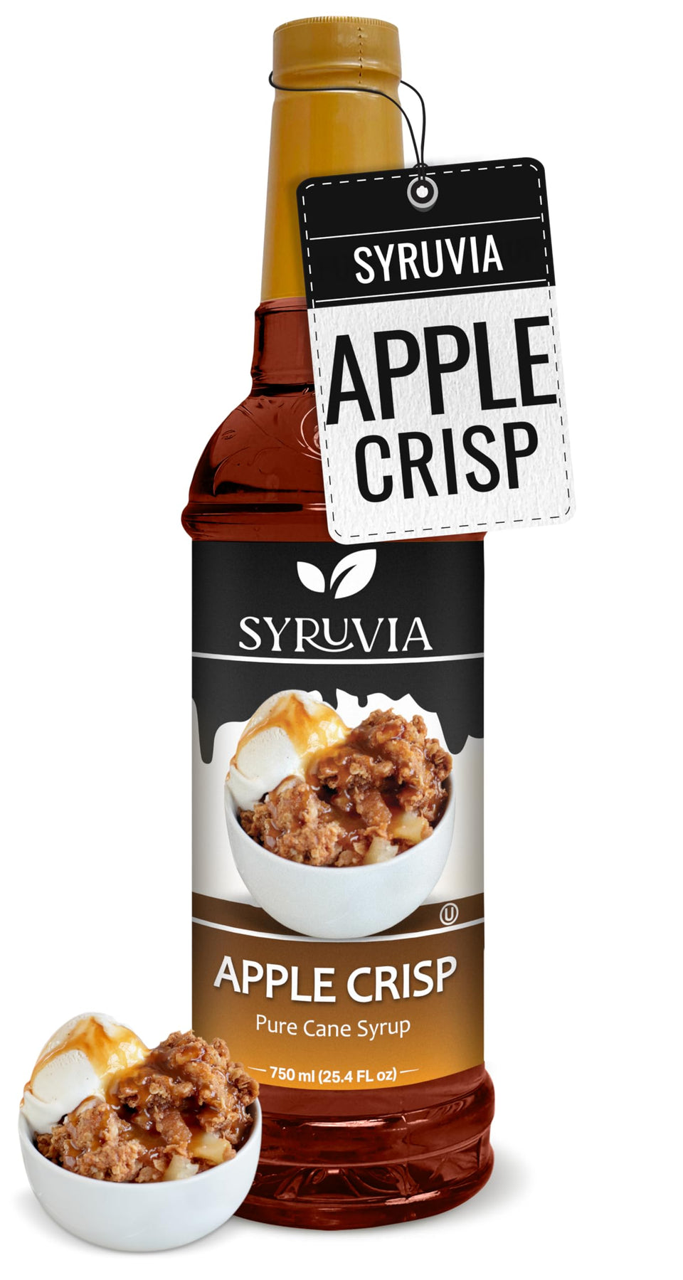 SYRUVIA Apple Crisp Syrup bottle showcases autumn flavor for coffee and desserts.