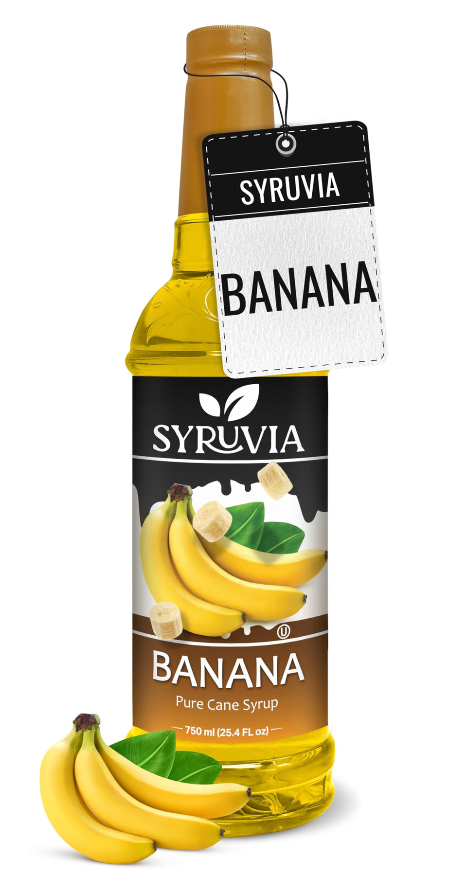 SYRUVIA banana syrup bottle pouring into a latte for tropical flavor boost