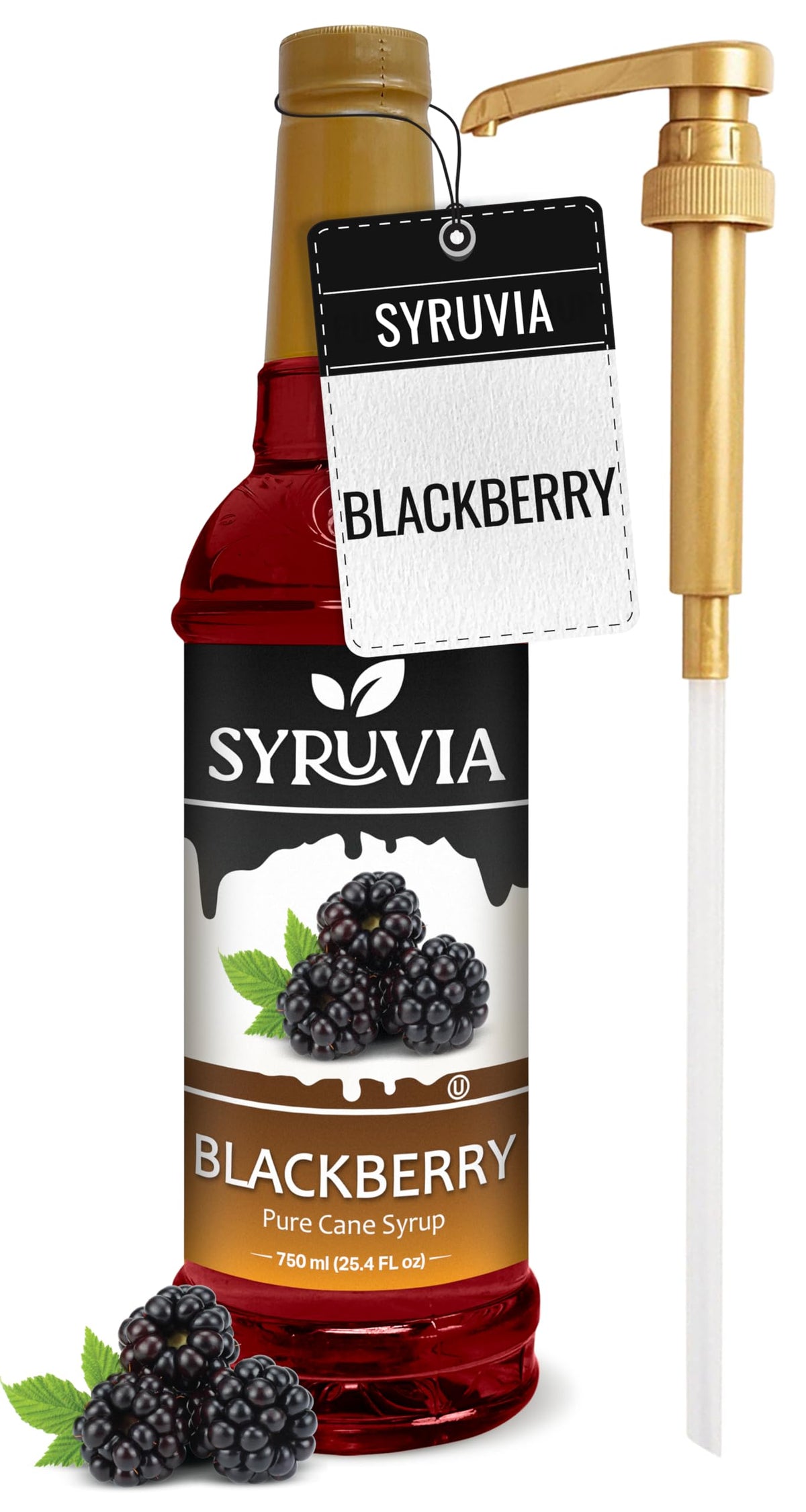 SYRUVIA Blackberry Syrup bottle with pump for delicious drinks and desserts.