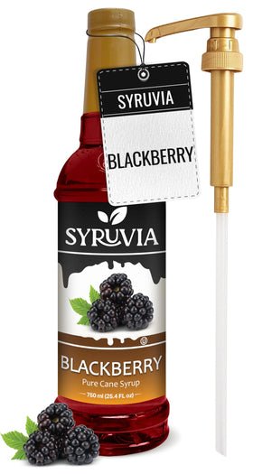 SYRUVIA Blackberry Syrup bottle with pump for delicious drinks and desserts.