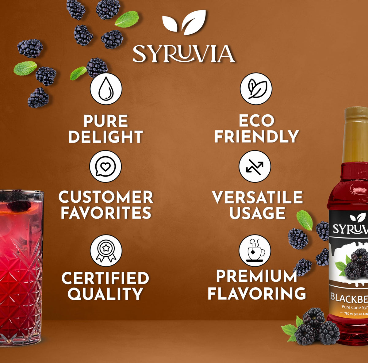 SYRUVIA Blackberry Syrup swirls into warm oatmeal.