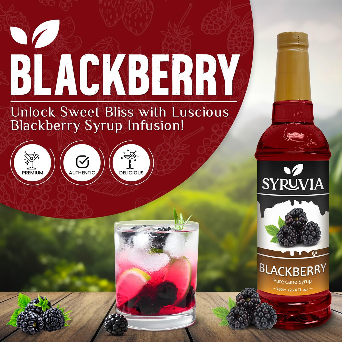 SYRUVIA Blackberry Syrup poured over a glass of refreshing beverage.