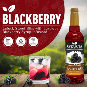 SYRUVIA Blackberry Syrup poured over a glass of refreshing beverage.