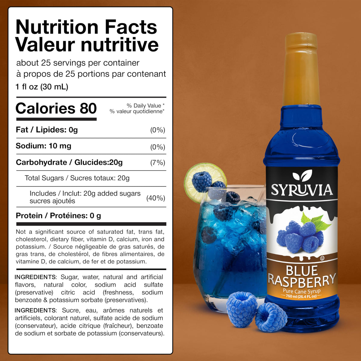 SYRUVIA Blue Raspberry Syrup drizzle on a glass of blue-hued beverage.