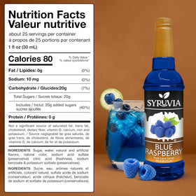 SYRUVIA Blue Raspberry Syrup drizzle on a glass of blue-hued beverage.