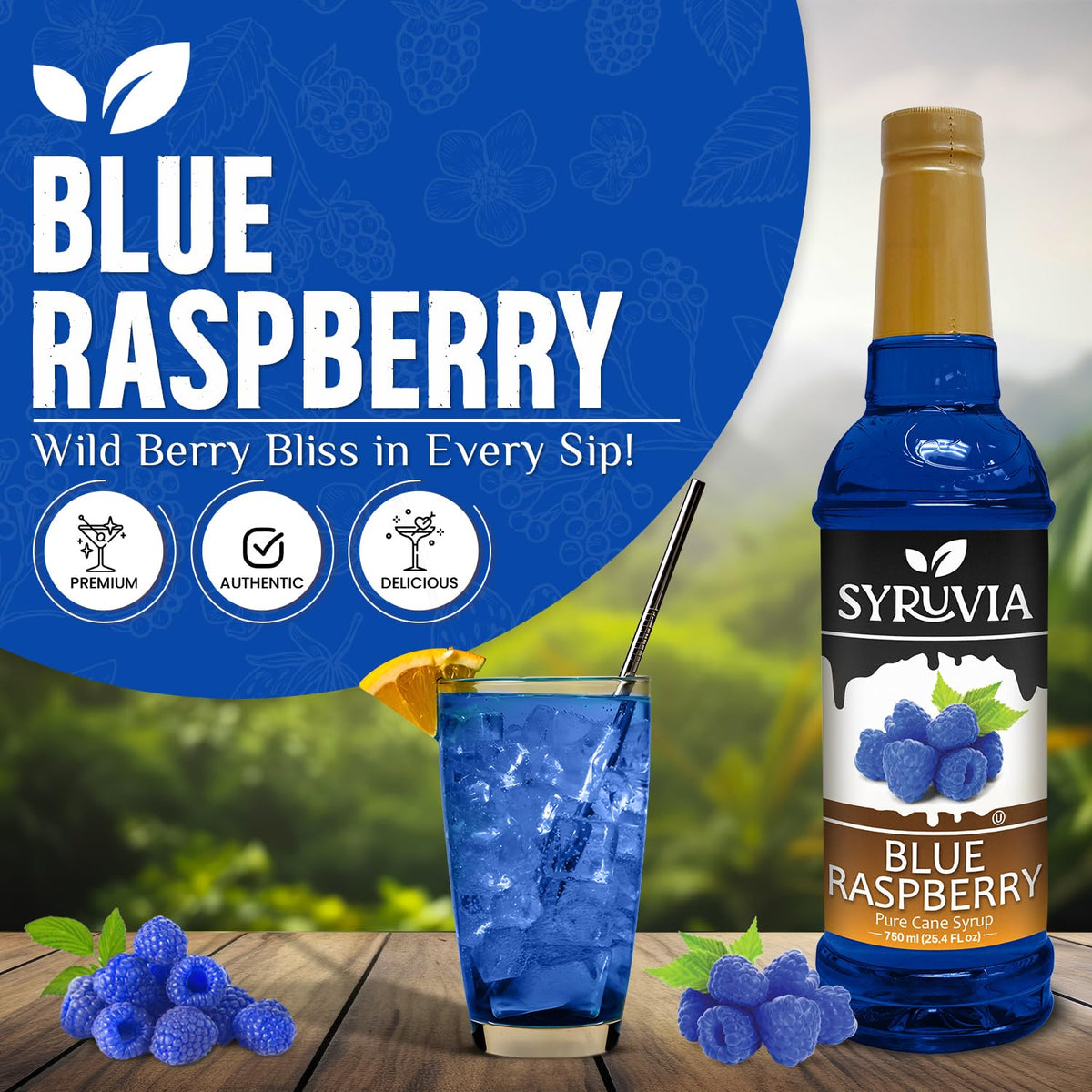 SYRUVIA Blue Raspberry Syrup being poured into a glass for a refreshing drink.