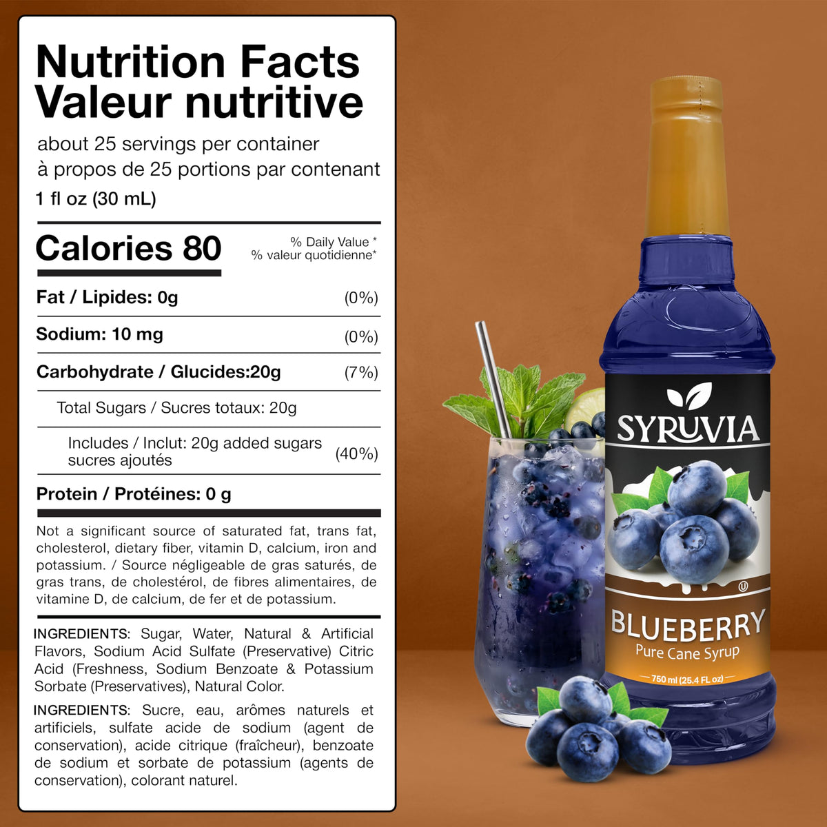 SYRUVIA Blueberry Syrup pour-bottle demonstrates mess-free topping for drinks.