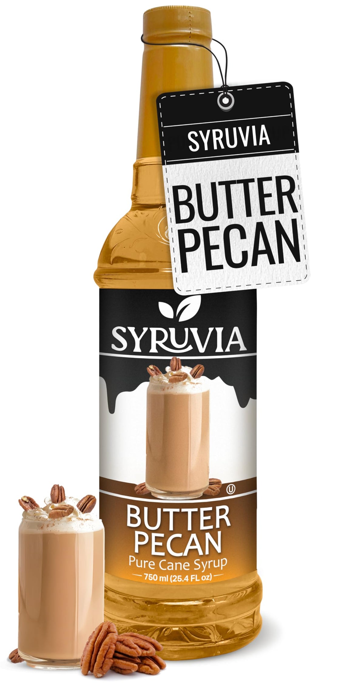 SYRUVIA Butter Pecan Syrup bottle ready to sweeten a latte.