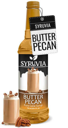 SYRUVIA Butter Pecan Syrup bottle ready to sweeten a latte.
