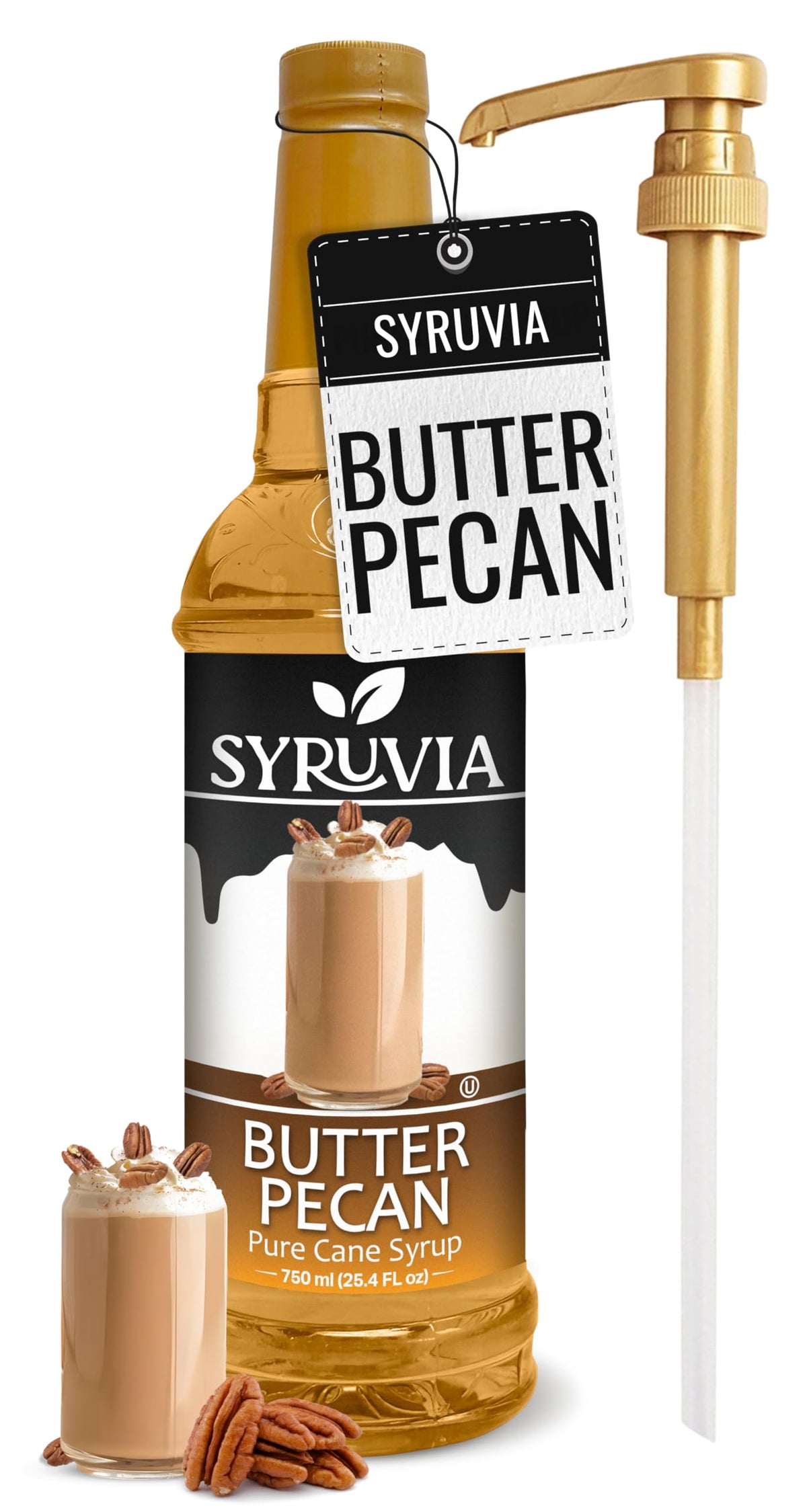 SYRUVIA Butter Pecan Syrup bottle for rich coffee flavor.