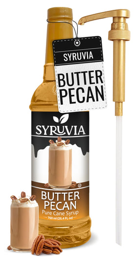 SYRUVIA Butter Pecan Syrup bottle for rich coffee flavor.