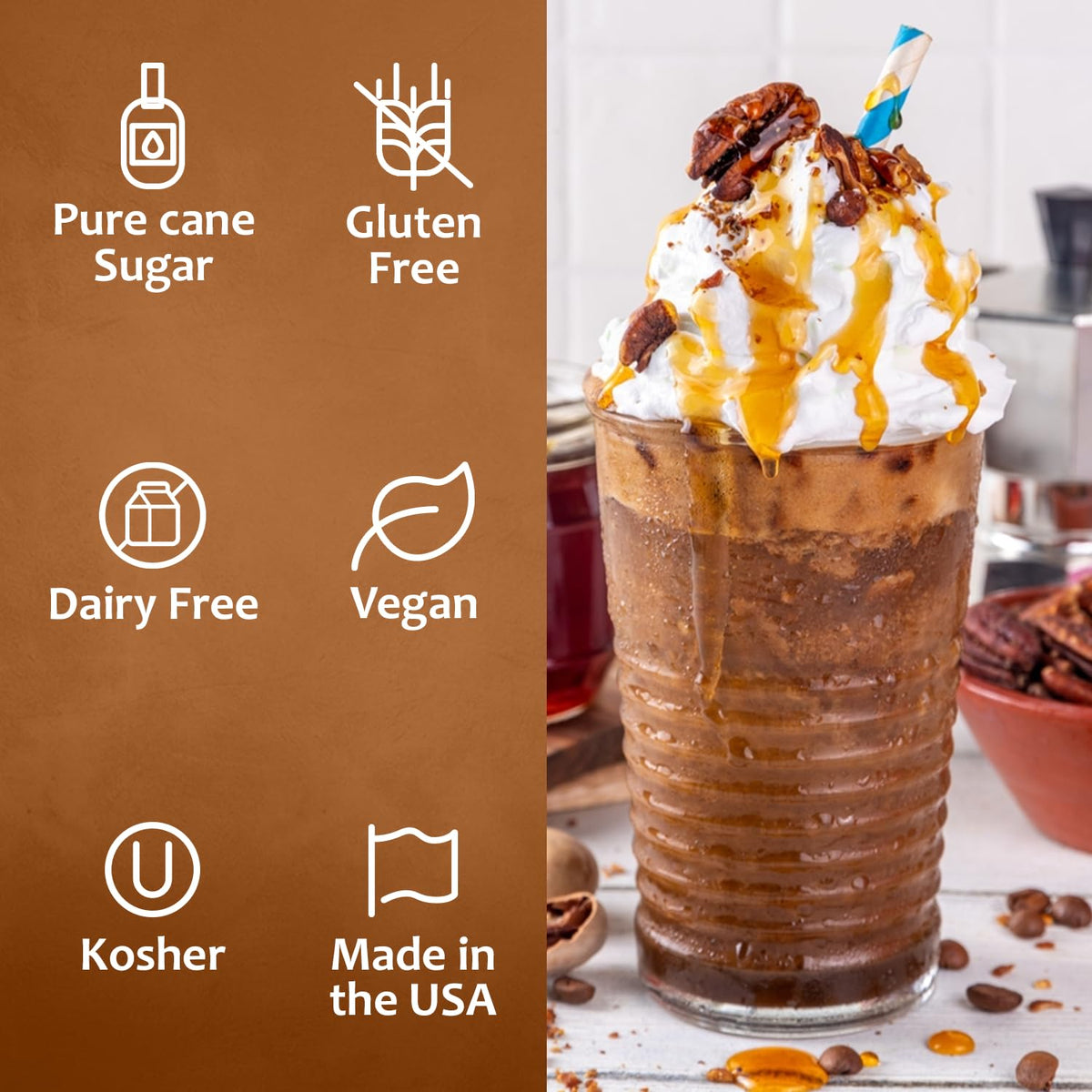 SYRUVIA Butter Pecan syrup adds creamy notes to desserts.