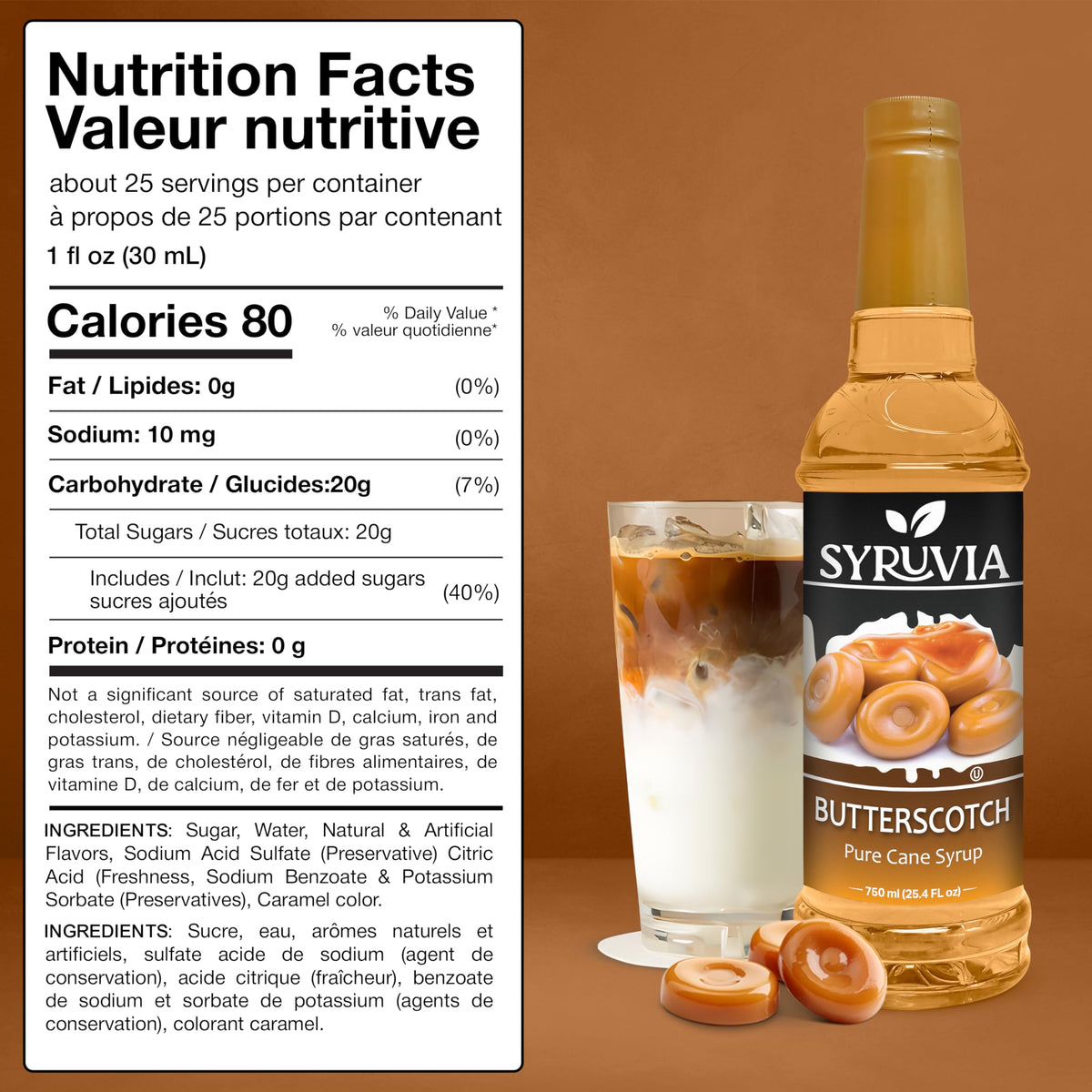 Pouring SYRUVIA Butterscotch Coffee Syrup over coffee for a warm treat