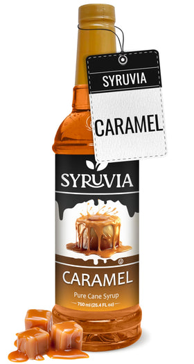 Syruvia caramel syrup bottle adds rich sweetness to coffee and desserts