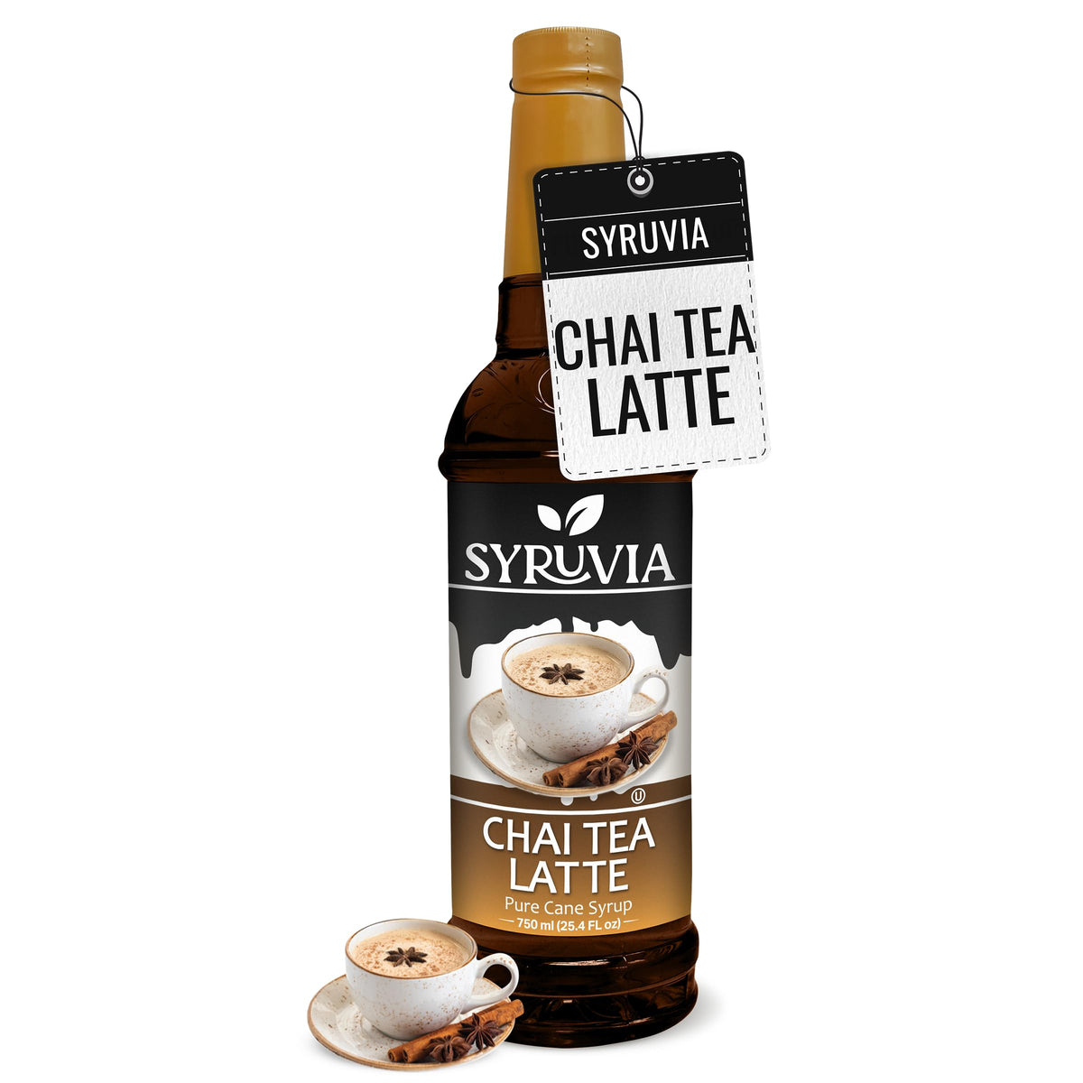 SYRUVIA Chai Tea Syrup bottle adds warm spice to drinks.