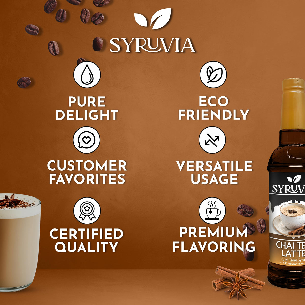 SYRUVIA chai syrup display showing drink versatility.