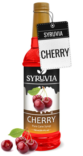 Syruvia Cherry Syrup bottle pouring enhances cocktails with rich cherry flavor.