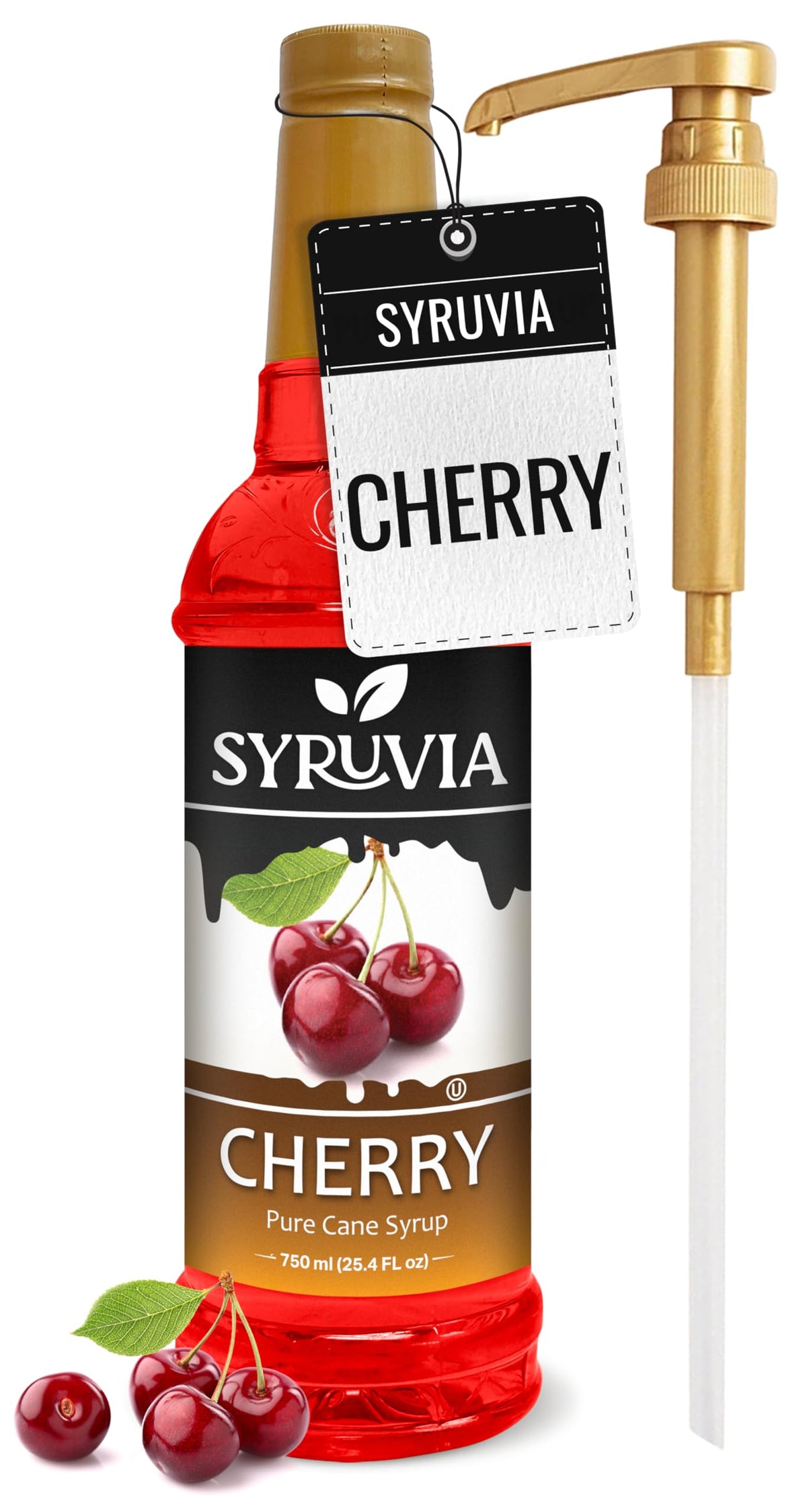 SYRUVIA Cherry Syrup bottle pouring to enrich beverages with rich cherry flavor.