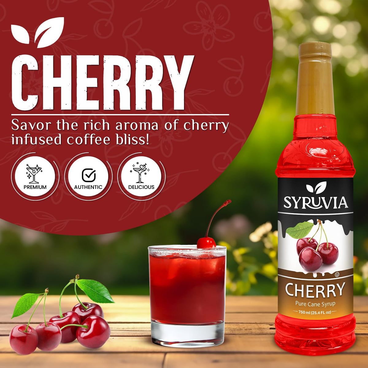 SYRUVIA Cherry Syrup pump dispense enables easy, mess-free pouring.