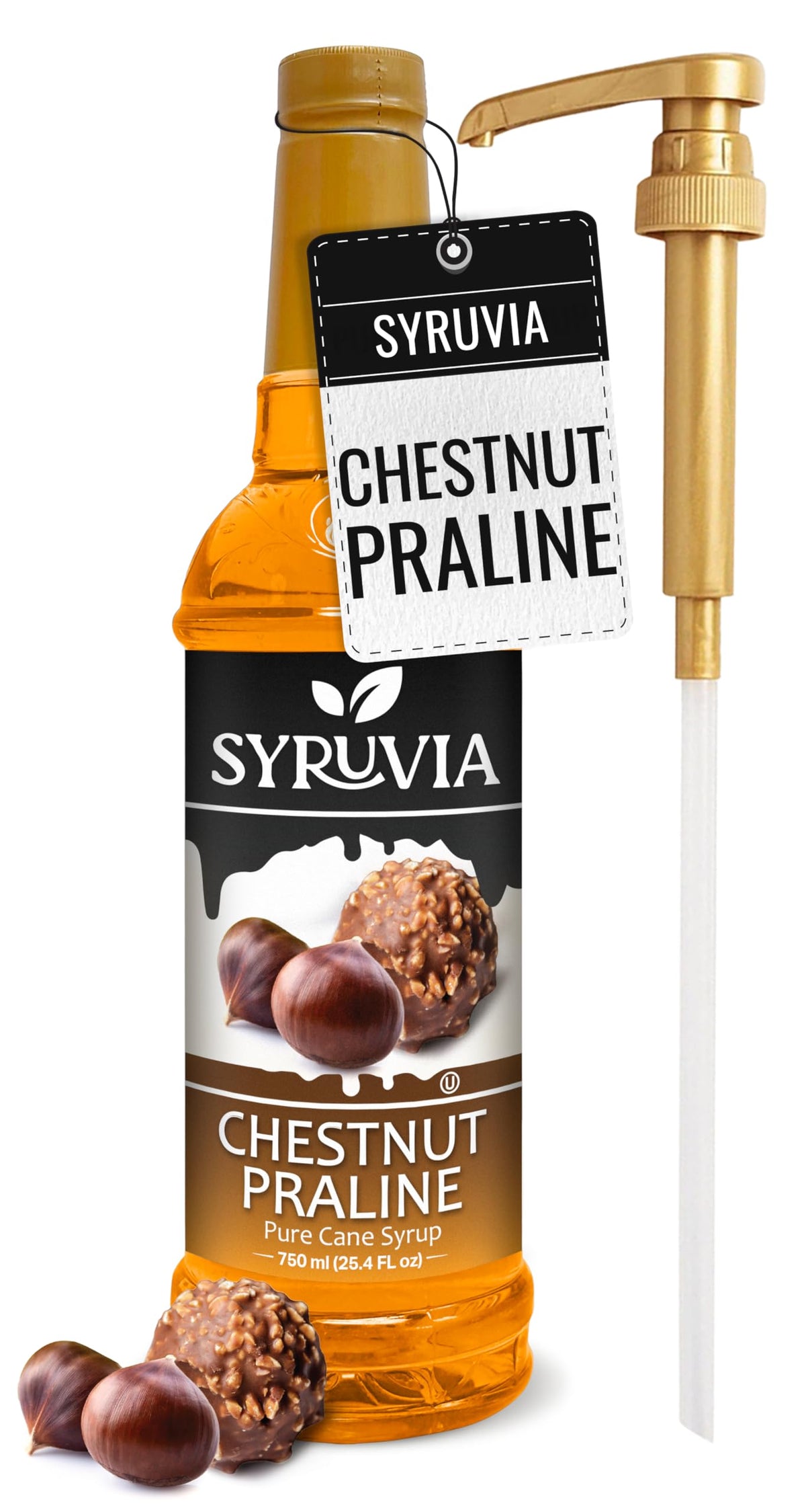 SYRUVIA Chestnut Praline syrup bottle with pump for creamy coffee drinks.
