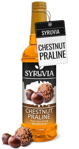 Syruvia Chestnut Praline syrup bottle for cozy beverages and desserts.