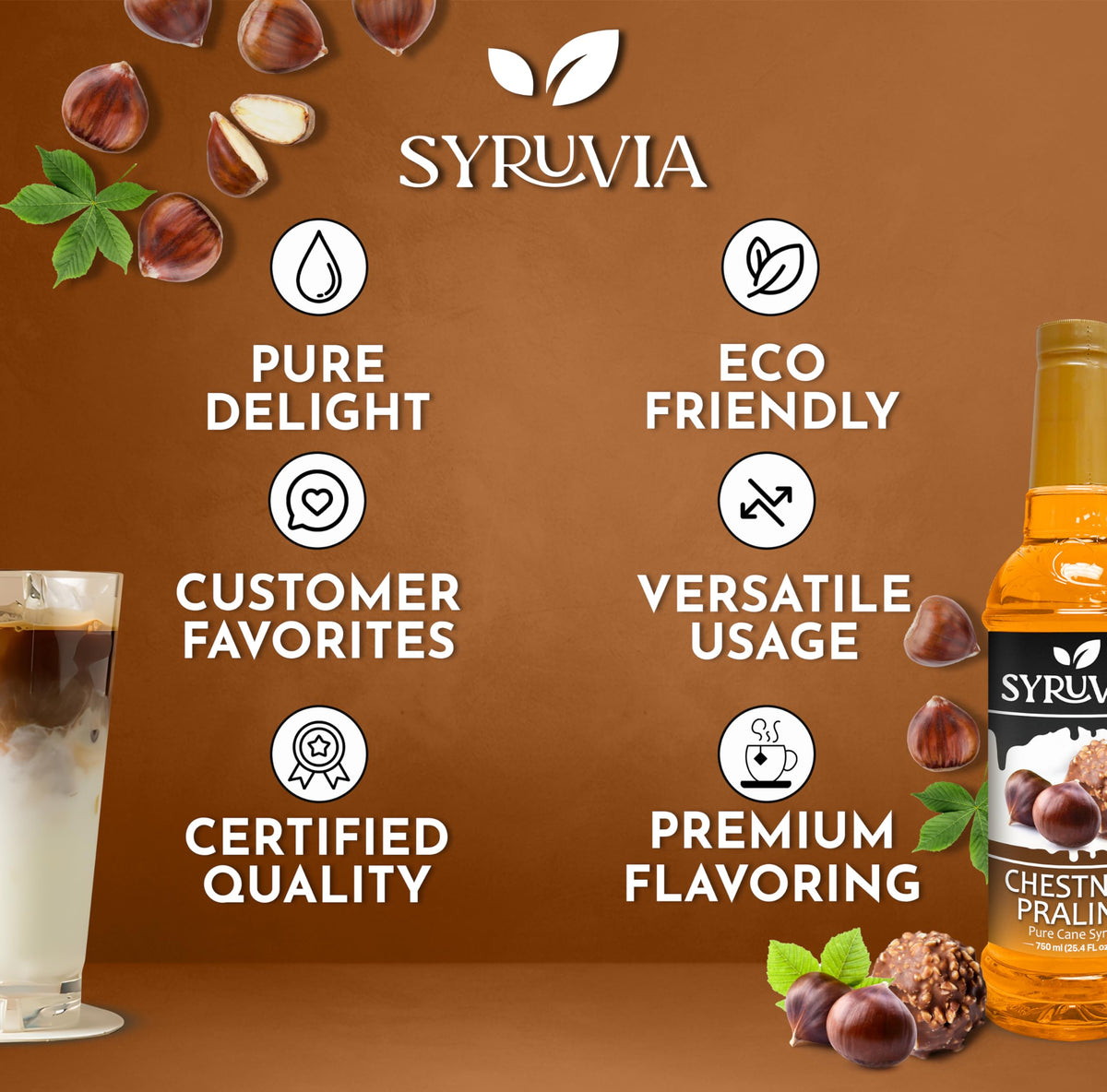 Syruvia Chestnut Praline syrup topping on dessert for a nutty twist.