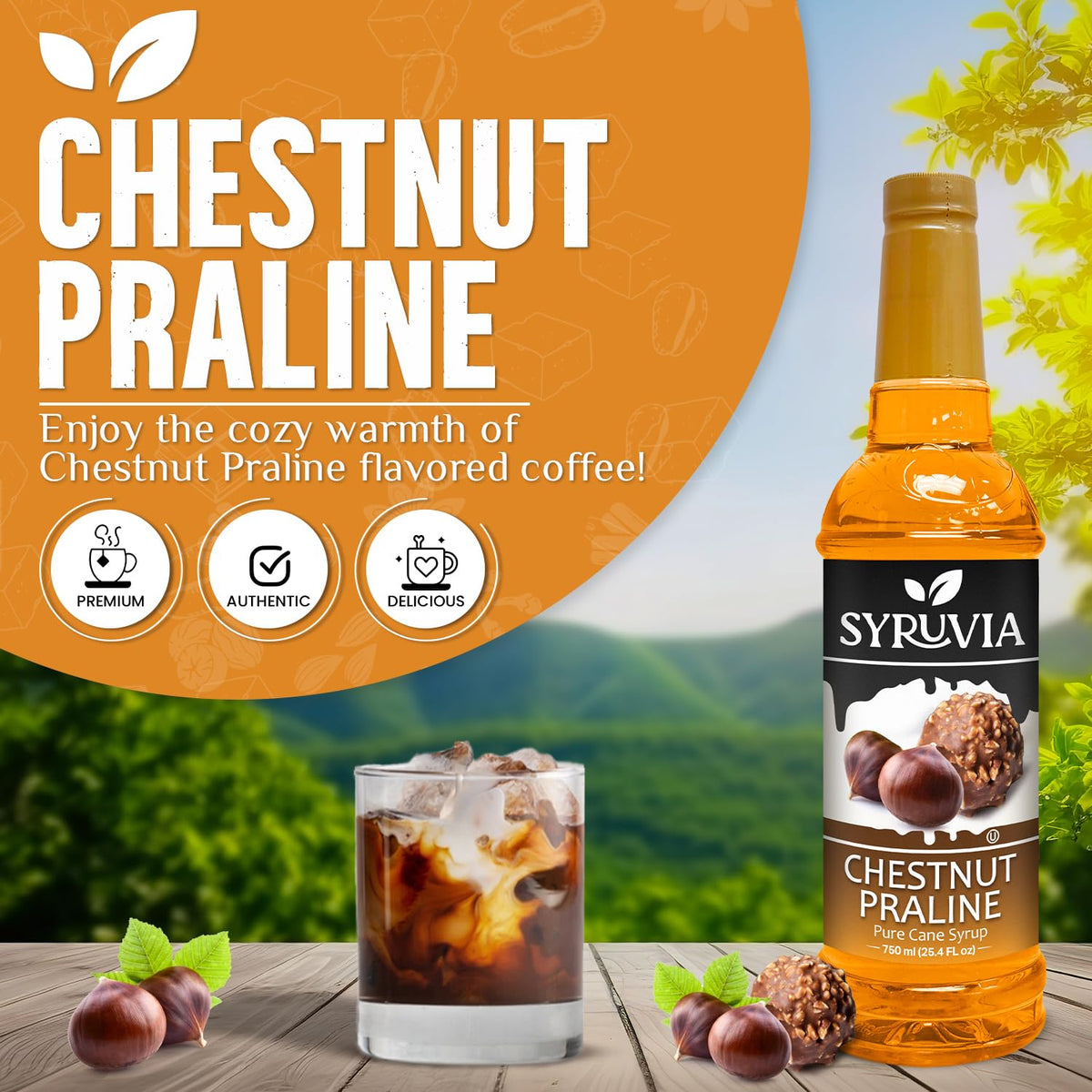 Syruvia Chestnut Praline syrup label indicating quality and kosher-certified ingredients.