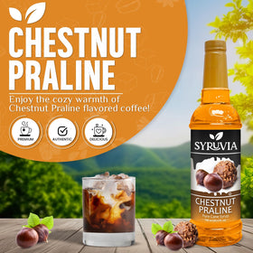 Syruvia Chestnut Praline syrup label indicating quality and kosher-certified ingredients.