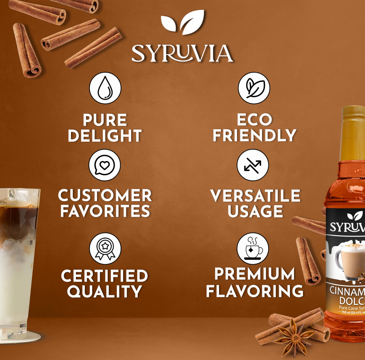 Drizzling SYRUVIA Cinnamon Dolce Syrup over a dessert for added depth.