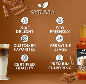 Drizzling SYRUVIA Cinnamon Dolce Syrup over a dessert for added depth.