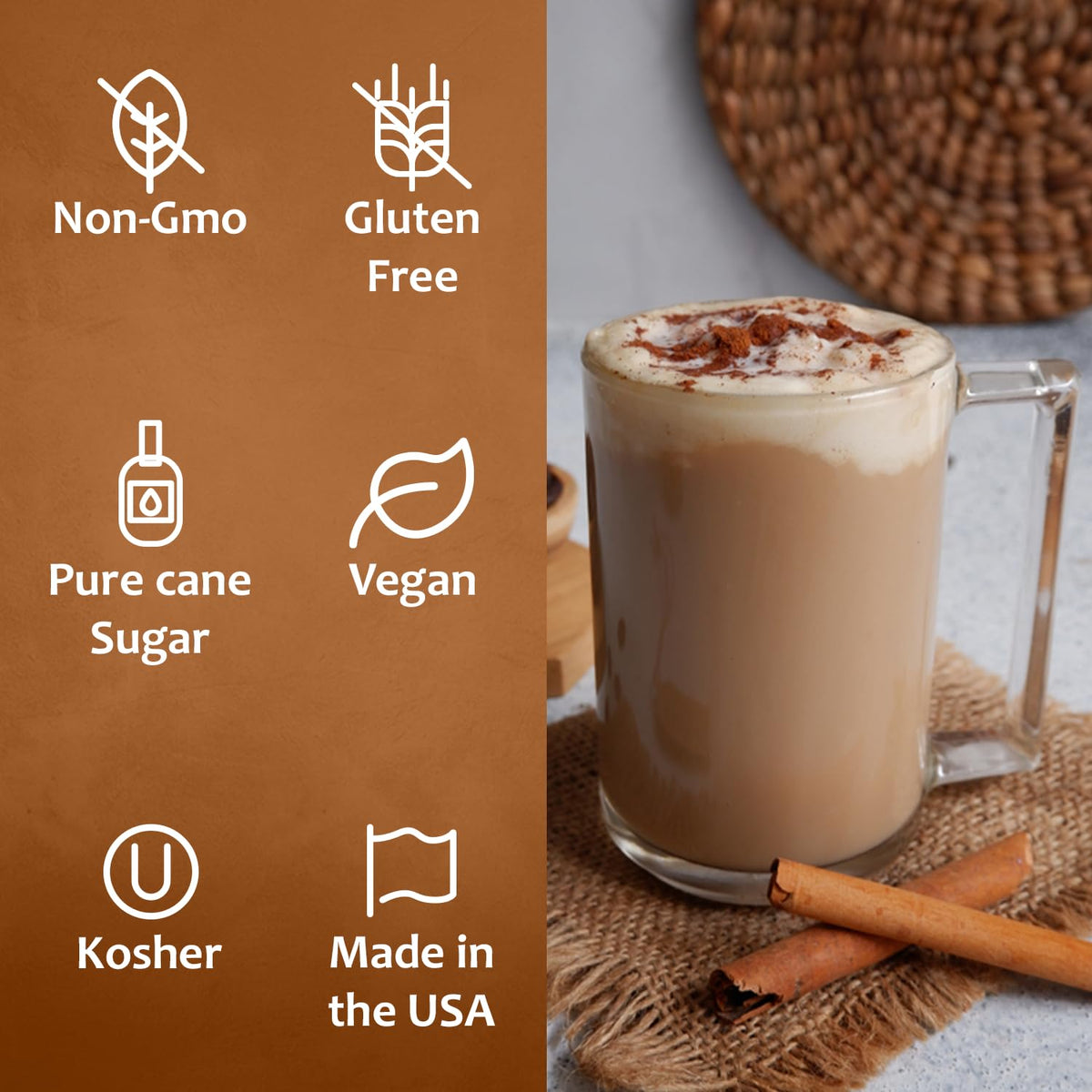SYRUVIA Cinnamon Dolce Syrup bottle on a kitchen display with ingredients nearby.