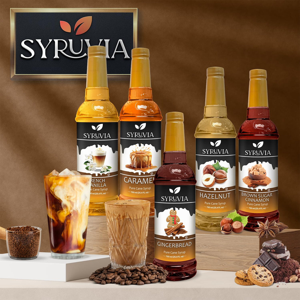 SYRUVIA Cinnamon Dolce Syrup with pump, packaging, and recipe ideas.