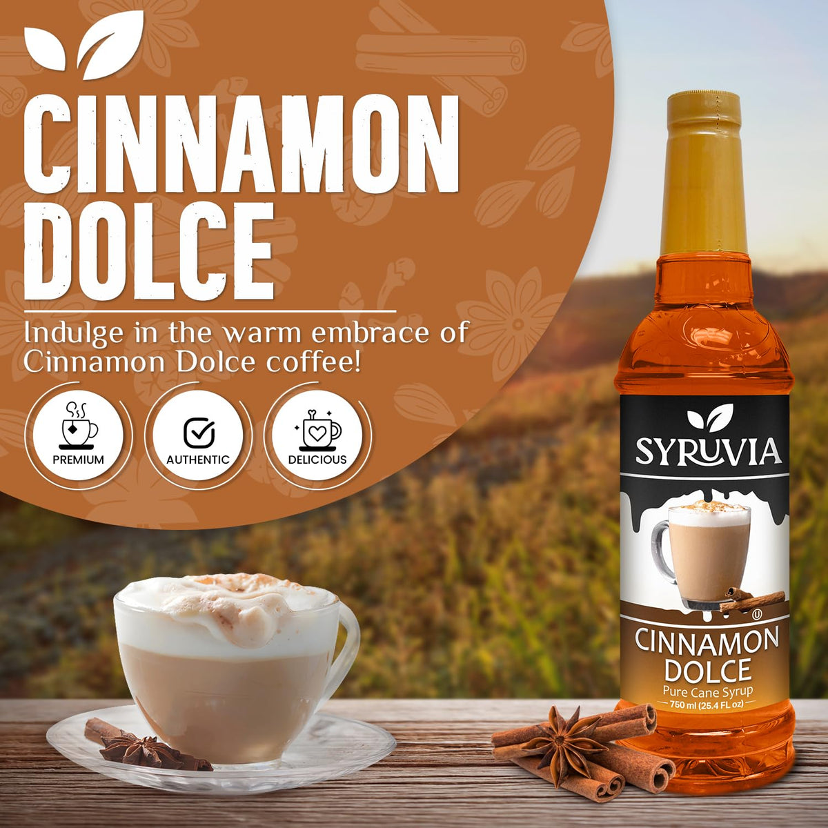 SYRUVIA Cinnamon Dolce Syrup being poured into a latte for rich aroma.
