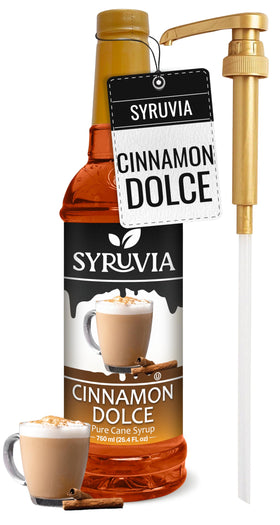 SYRUVIA Cinnamon Dolce Syrup with pump on a coffee setup for easy flavoring.