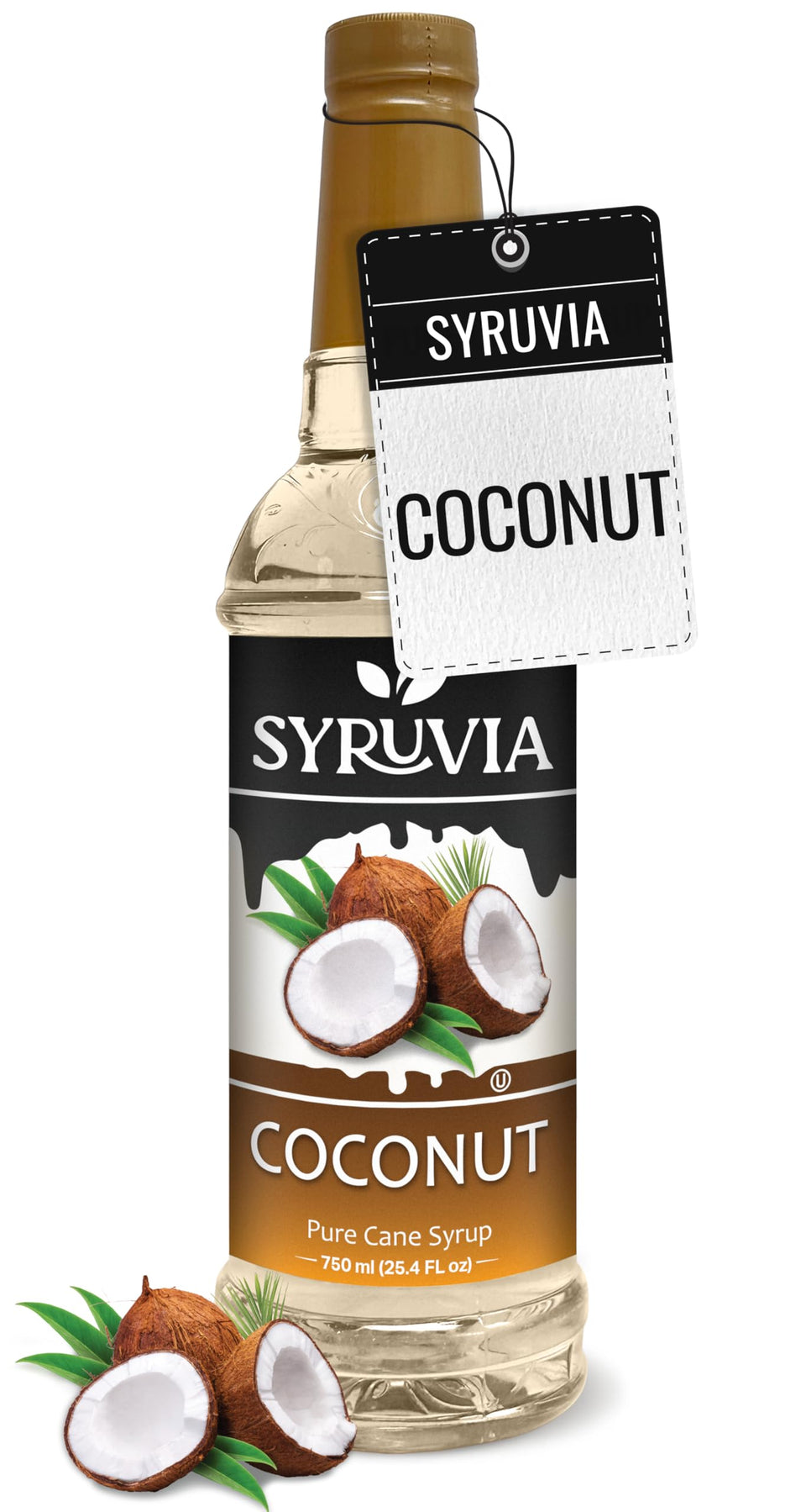 SYRUVIA Coconut Syrup bottle adds tropical flavor to coffees and desserts.