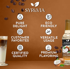 SYRUVIA Coconut Syrup in pantry shows versatile coffee and dessert ingredient.