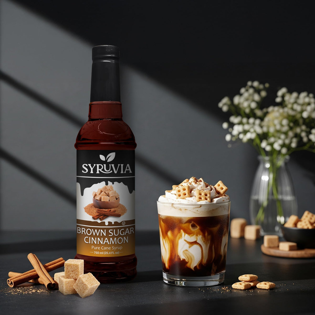 Closeup of SYRUVIA coffee syrup bottle highlighting premium ingredients.