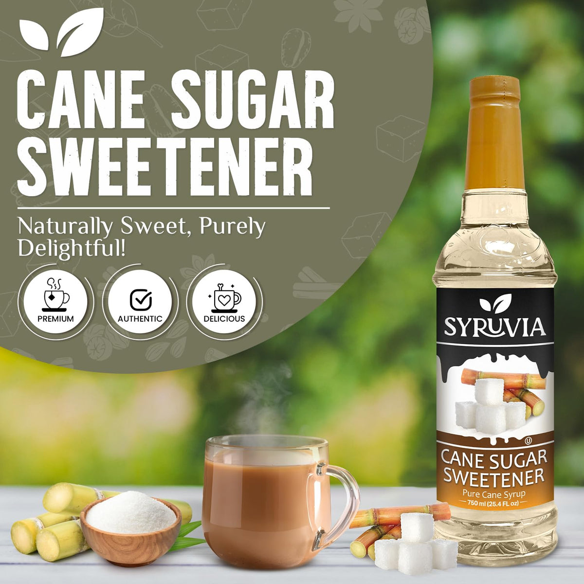 SYRUVIA coffee syrup bottle being poured into a drink for flavor boost.
