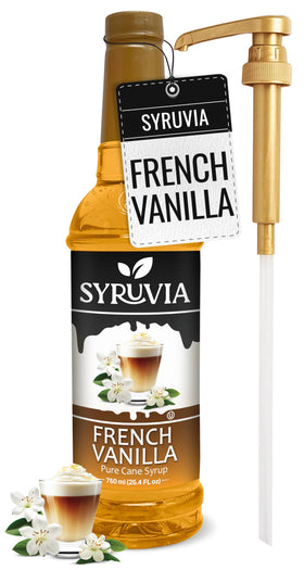 SYRUVIA coffee syrup bottle pour highlights rich vanilla notes for café-style lattes.