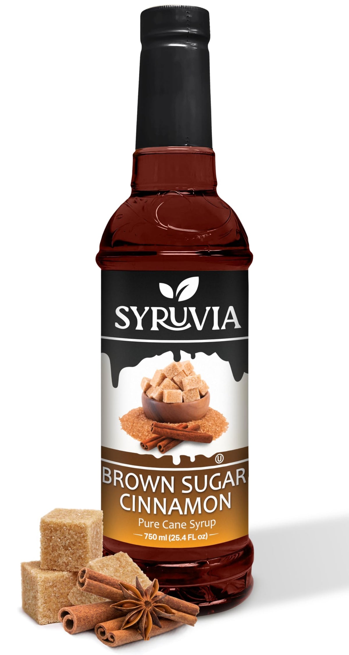 SYRUVIA Brown Sugar Cinnamon coffee syrup bottle adds cozy flavor to drinks.