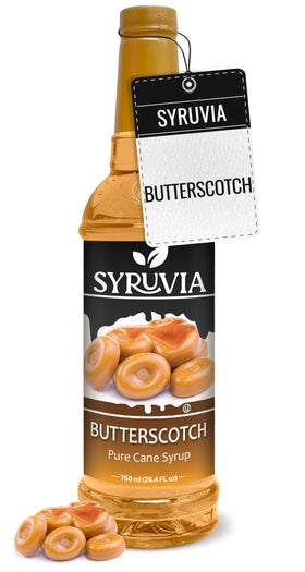 SYRUVIA Butterscotch Coffee Syrup bottle pour highlighting rich caramel notes for drinks