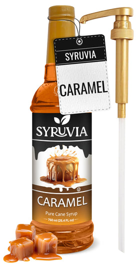 Syruvia caramel syrup bottle with pump for easy topping.