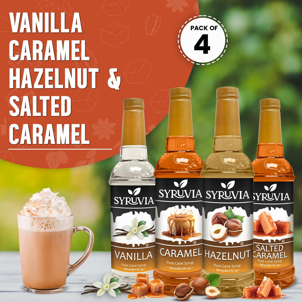 SYRUVIA Caramel Coffee Syrup bottle enhances rich notes in coffee.