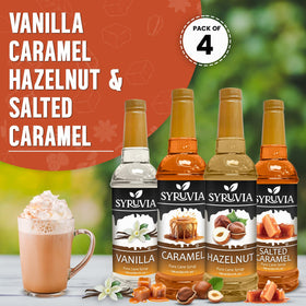 SYRUVIA Caramel Coffee Syrup bottle enhances rich notes in coffee.